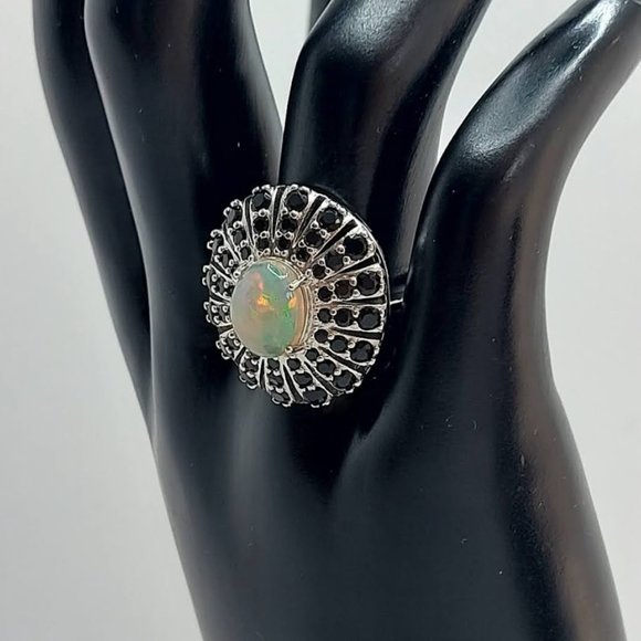 Natural Oval Fire Opal 10x8mm & Black Spinel 925 Sterling Silver Ring 7.25 - Picture 4 of 7